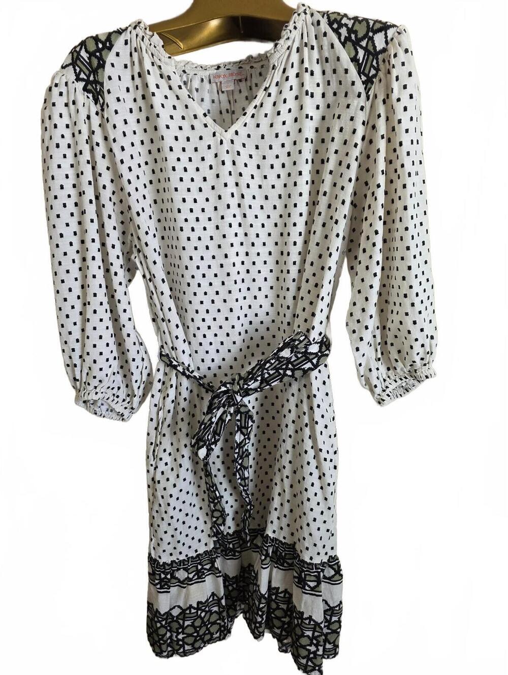 Knox Rose White and Black Patterned Midi Dress with Belt Size Small